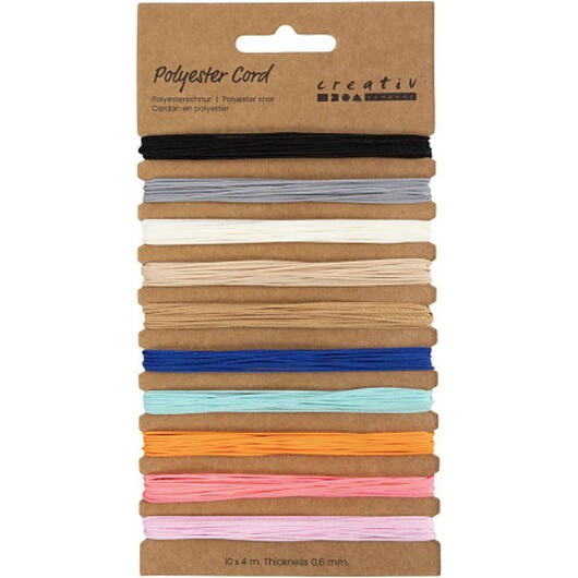 Polyestersnöre, tjocklek 0,6 mm, mixade färger, 10x4 m/ 1 förp.