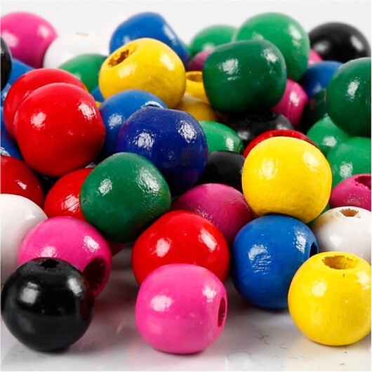 Träpärlor, Dia. 10 mm, Hålstl. 3 mm, ca. 680 mix., mixade färger, 230 g/ 1 förp.