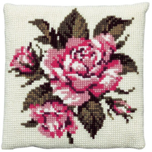 Permin Broderikit Stramalj m/garn rosa ros 40x40cm