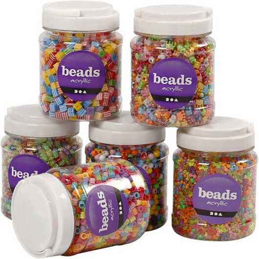 Pärlmix, stl. 7-10 mm, Hålstl. 2-4 mm, ca. 2400 g, mixade färger, 6x700 ml/ 1 förp.