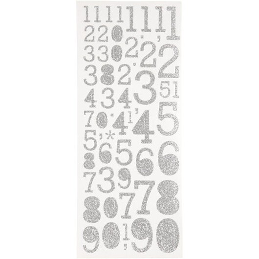 Glitterstickers, siffror, ark 10x24 cm, silver, 2 ark/ 1 förp.