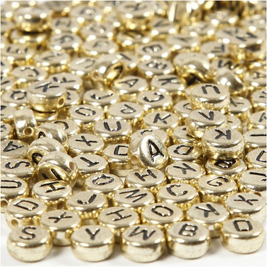 Bokstavspärlor, diam. 7 mm, hålstorlek 1,2 mm, guld, 21g/ 1 frp.