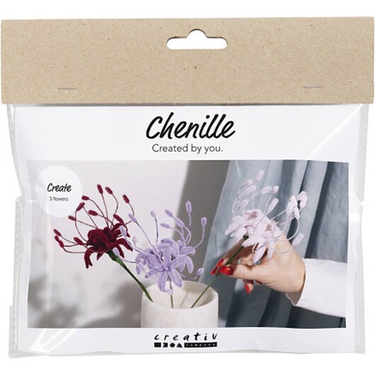 Mini DIY Kit Chenilleblommor, Spindellilja, mjukt rosa, ljust lila, mörkt rött, 1 frp.