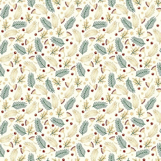 Bomullspoplin Tyg 145cm 051 - Beige med gröna och guldfärgade blad