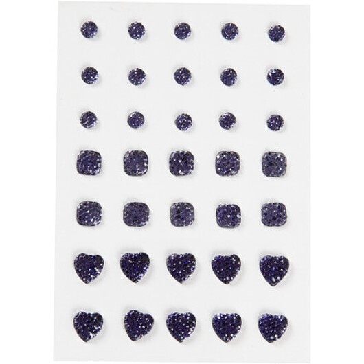 Strass, rund, fyrkantig, hjärta, storlek 6+8+10 mm, blå, 35 st / 1 pk.
