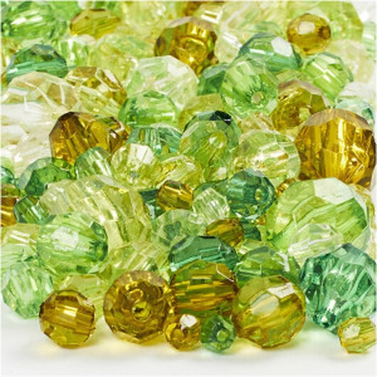 Harmoni facetterade plastpärlor, blandade, stl. 4-12 mm, hålstl. 1-2,5 mm, 250 g, grön harmoni, ca 860 st