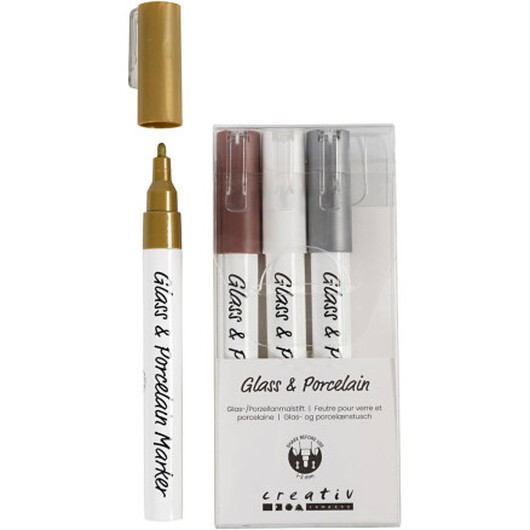 Glas- och porslinsmarkör, linje 1-2 mm, halvgenomskinlig, brun, guld, silver, vit, 4 st. / 1 pk.