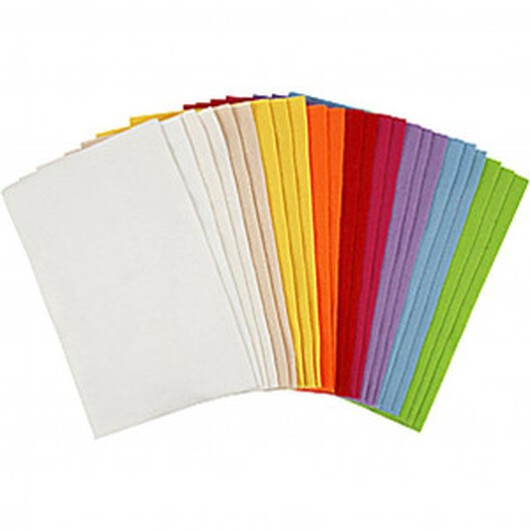 Hobbyfilt i ark, 20x30 cm, tjocklek 1,5 mm, 24 ass. ark, assorterade färger