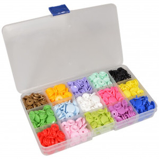 Infinity Hearts Tryckknappar i plastlåda Plast 15 ass. färger 12mm - 150 st