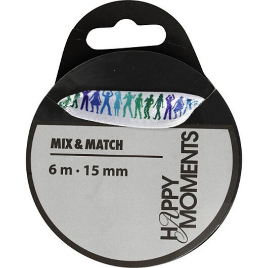 Satinband med tryck, B: 15 mm, ljusblå, 6 m/ 1 rl.