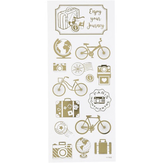 Stickers, jorden runt, ark 10x24 cm, ca. 15 st., guld, 1 ark