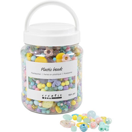 Plastpärlor, diam. 5-35 mm, hålstorlek 1-8 mm, Ass. färger, 700ml/ 1 tsk.