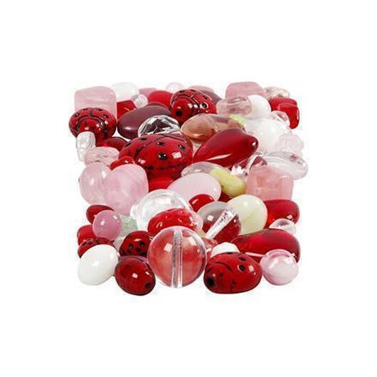 Glaspärlor, nyckelpigor, blad, hjärtan, storlek 5-22 mm, hålstorlek 0,5-1,5 mm, Ass. färger, 60g/ 1 frp.