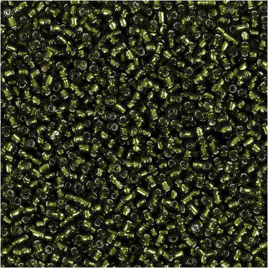 Rocaillepärlor, Dia. 1,7 mm, stl. 15/0, Hålstl. 0,5-0,8 mm, gräsgrön, 25 g/ 1 förp.
