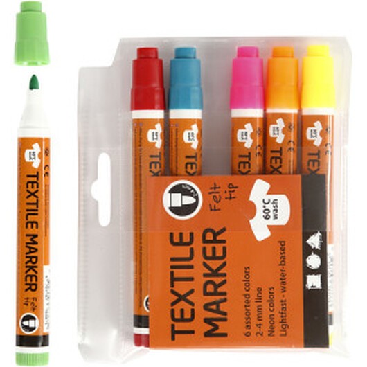 Textilpennor, spets 2-4 mm, neonfärger, 6 st./ 1 förp.