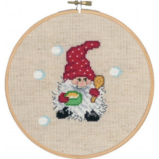 Permin Broderikit Aida Tomte med Gröt m. Ram Ø18cm