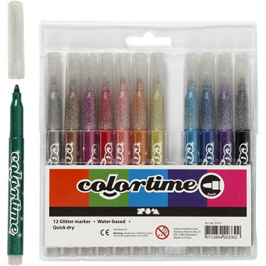Colortime glittermarker, linjetjocklek: 4,2 mm, Ass. färger, 12 st.