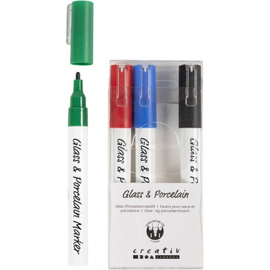 Glas- och porslinspennor, linje 1-2 mm, semitäckande, Svart, Blå, Grön, Röd, 4 st / 1 frp.