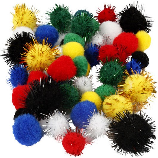 Pompoms, Dia. 15+20 mm, mixade färger, 48 mix./ 1 förp.