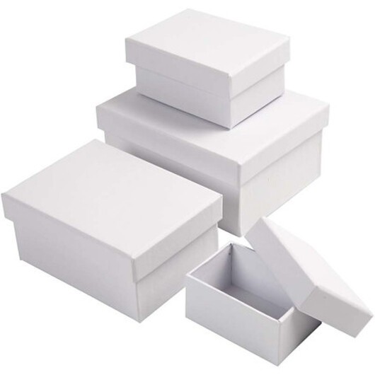 Rektangulära Askar, H: 3,5+4,5+5,5+6,5 cm, stl. 7,5x5 + 9,5x7 + 11,5x8,5 + 14x11 cm, vit, 4 st./ 1 set