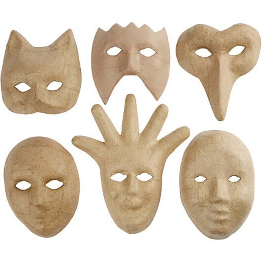 Masker av papier-maché, H: 12-21 cm, 6 st./ 1 förp.