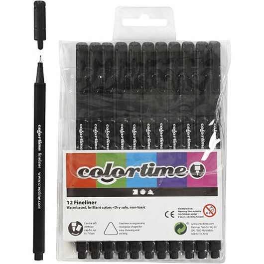 Colortime Fineliner-tuschpennor, spets 0,6-0,7 mm, svart, 12 st./ 1 förp.