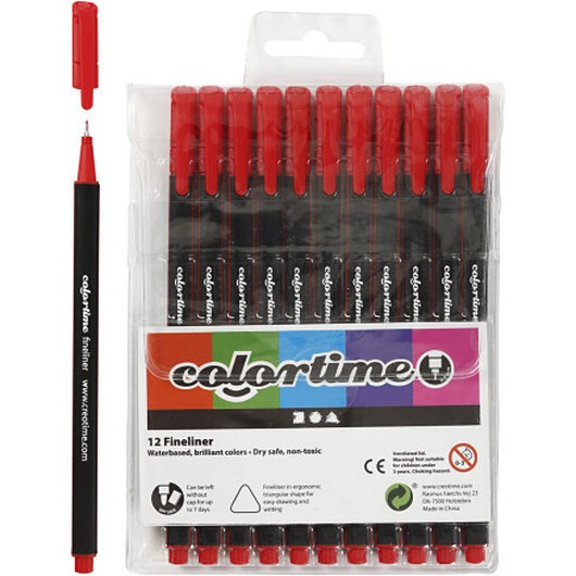 Colortime Fineliner-tuschpennor, spets 0,6-0,7 mm, röd, 12 st./ 1 förp.