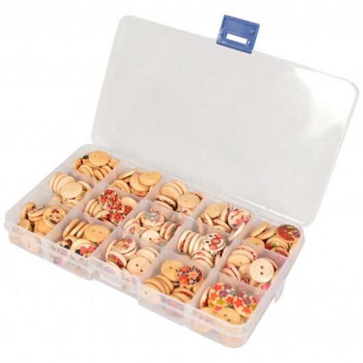 Infinity Hearts Knappar i Plastlåda 2-Hål Rund Trä 15 Ass. Design 15mm - 225 st.