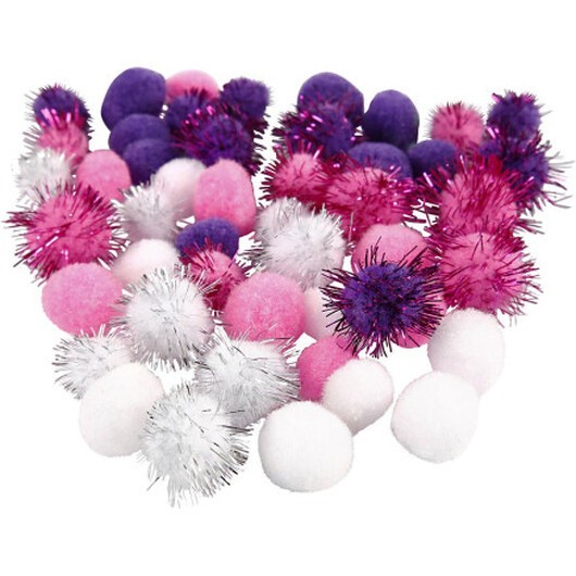 Pompoms, Dia. 15+20 mm, lila, ljusröd, vit, 48 st./ 1 förp.