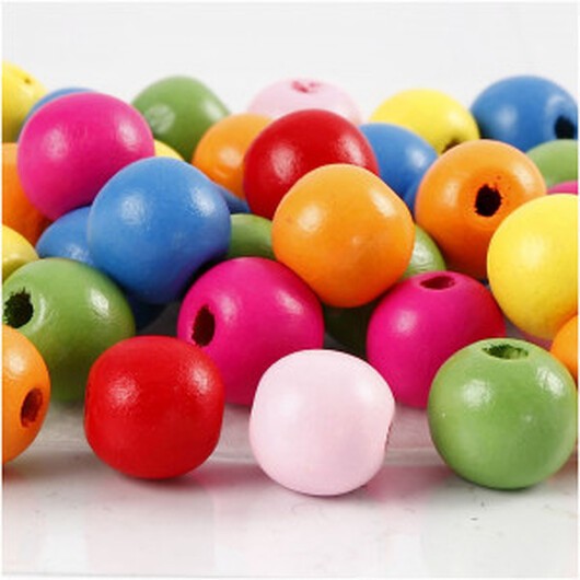 Träpärlor, dia. 12 mm, hålstl. 2,5-3 mm, 500 g, assorterade färger, ca 800 st