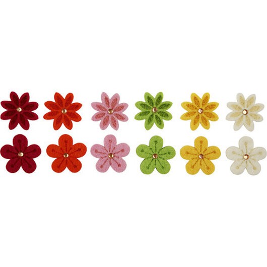 Filtblommor med strasstenar, diam. 30 mm, tjocklek 2,5 mm, 12 st / 1 frp.