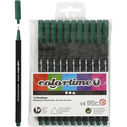 Colortime Fineliner-tuschpennor, spets 0,6-0,7 mm, mörkgrön, 12 st./ 1 förp.