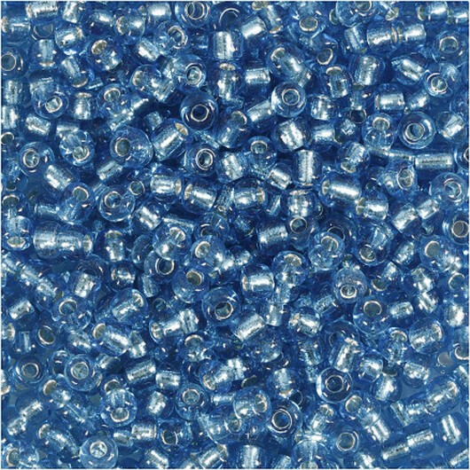 Rocai-pärlor, diam. 3 mm, storlek 8/0, hålstorlek 0,6-1,0 mm, turkos klar, 25g/ 1 frp.