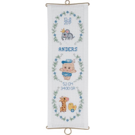 Permin Broderikit Aida Klocksträng Födelsetavla Anders m. Beslag 14x42cm