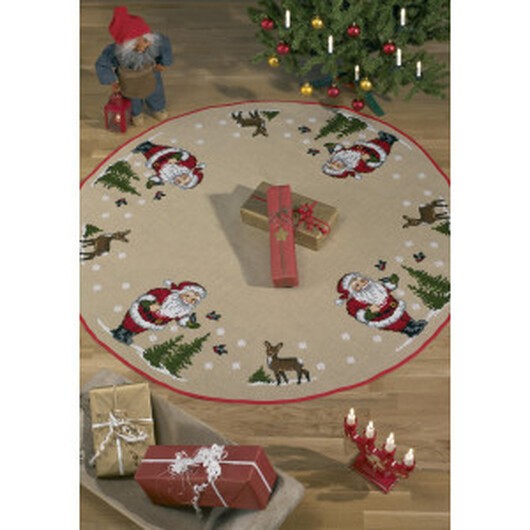 Permin Broderikit Jute Julgransmatta Nisse Fodrar Fåglar Ø170cm