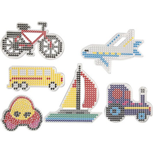 Pärlplattor, bil, flygplan, båt, traktor, buss och cykel, stl. 9x9,5+11x16 cm, medium, 6 st./ 1 förp.