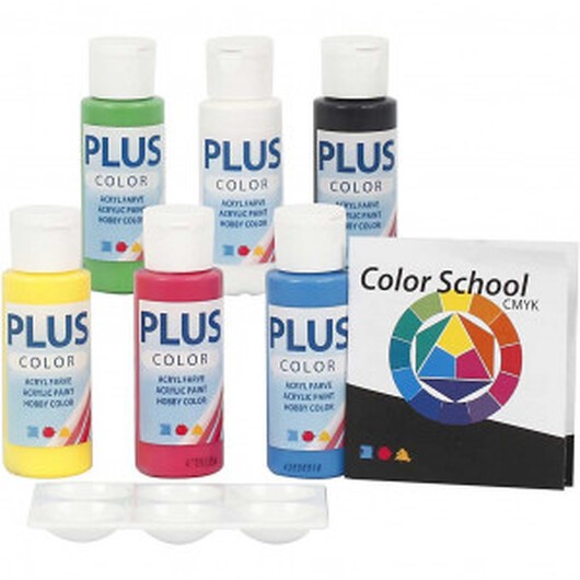 Plus Color hobbyfärg, 6x60 ml, primärfärger, Färgskolevägledning medfö