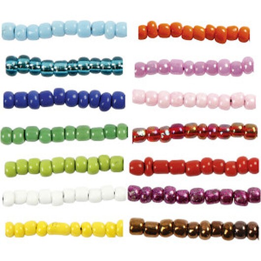 Rocaillepärlor, Dia. 3 mm, stl. 8/0, Hålstl. 0,6-1,0 mm, mixade färger, 14x25 g/ 1 förp.