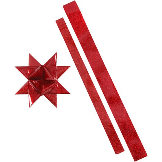 Stjärnstrimlor, L: 86+100 cm, B: 25+40 mm, Dia. 11,5+18,5 cm, röd, röd, 16 strimlor/ 1 förp.