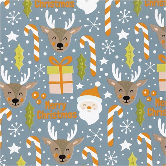 Presentpapper, Jultomten, julklapp, klubba, renar, B: 50 cm, 80 g, grå, 5 m/ 1 rl.