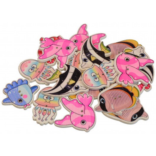 Infinity Hearts knappar Trä Fisk Ass. färger 36x24mm - 18 st.