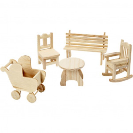 Minimöbler, stol, bänk, gungstol, bord, barnvagn, H: 5,8-10,5 cm, 50 s
