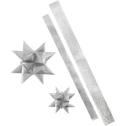 Stjärnstrimlor, L: 86+100 cm, Dia. 11,5+18,5 cm, B: 25+40 mm, silverglitter, 16 strimlor/ 1 förp.