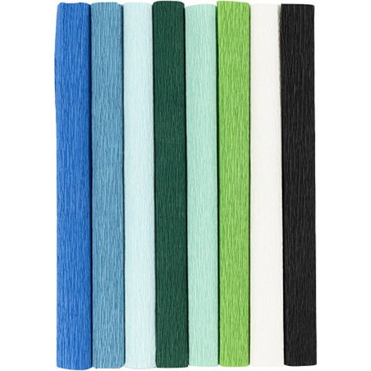 Kräppapper, ark 25x60 cm, Stretchbarhet: 180%, 105 g, blå/grön harmoni, 8 ark/ 1 förp.