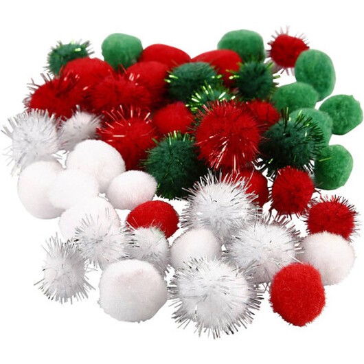 Pompoms, Dia. 15+20 mm, grön, röd, vit, 48 st./ 1 förp.