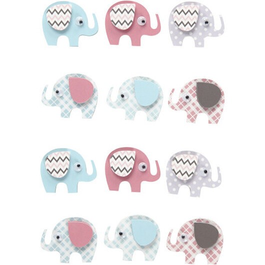 3D-stickers, elefanter, H: 25 mm, B: 31 mm, tjocklek 7 mm, 12 st / 1 frp.
