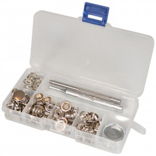 Infinity Hearts Tryckknappar i plastlåda med verktyg metall Blank silver 12,5 mm - 120 stycken