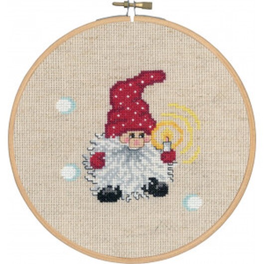 Permin Broderikit Aida Tomte med Ljus m. Ram Ø18cm