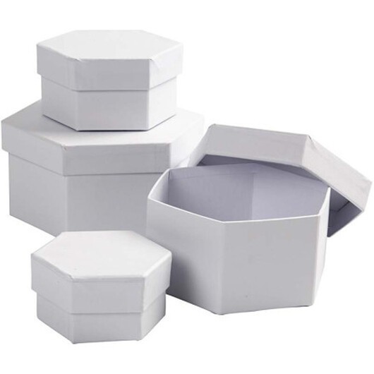 Sexkantiga Askar, H: 4+5+6+7 cm, Dia. 6,5+8+10+12 cm, vit, 4 st./ 1 set