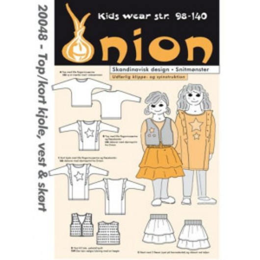 ONION Snittmönster barn 20048 Topp/kort klänning, väst & kjol Str. 98-